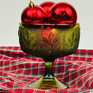 Vintage FTD 1978 Green Depression Glass Footed Pedestal Bowl Oak Leaf Pattern